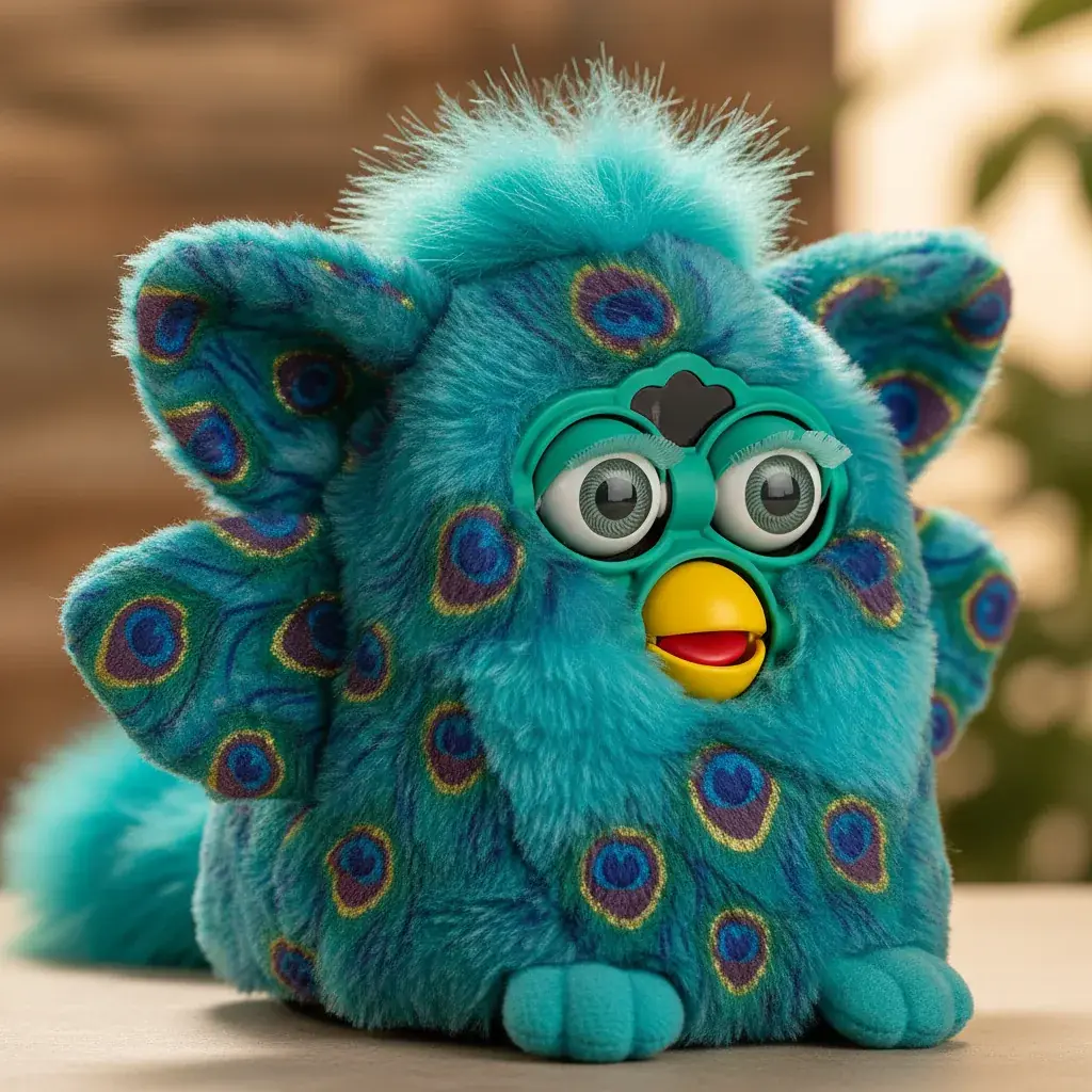 Peacock pattern Furby boom with blue and green colors