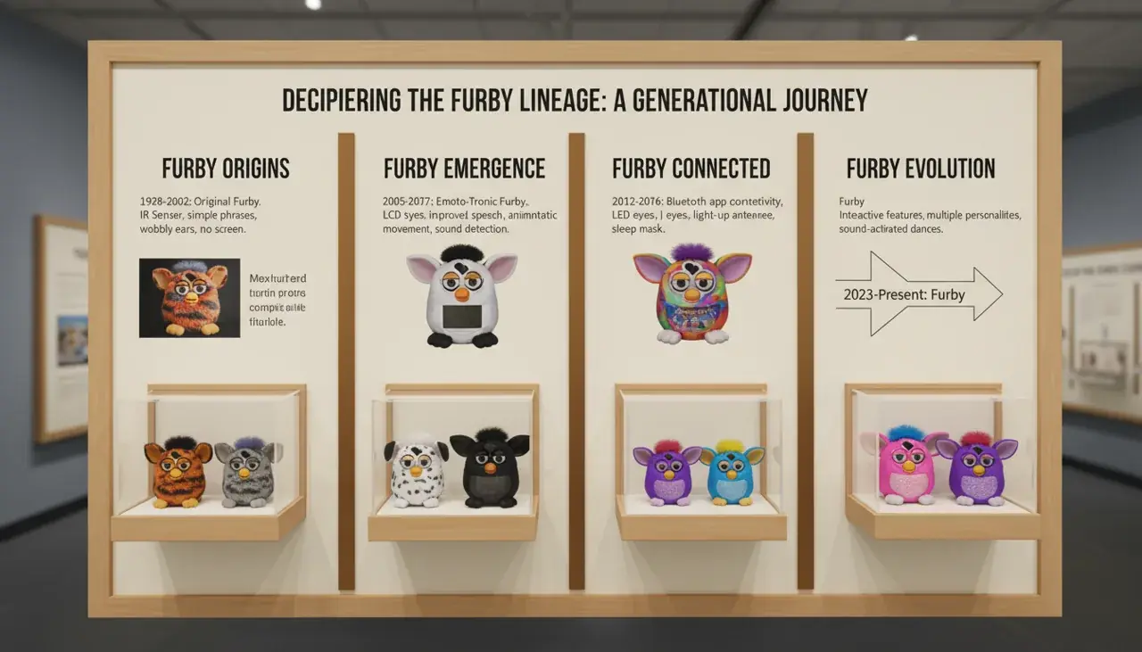 Informational display showing Furby generation features comparison
