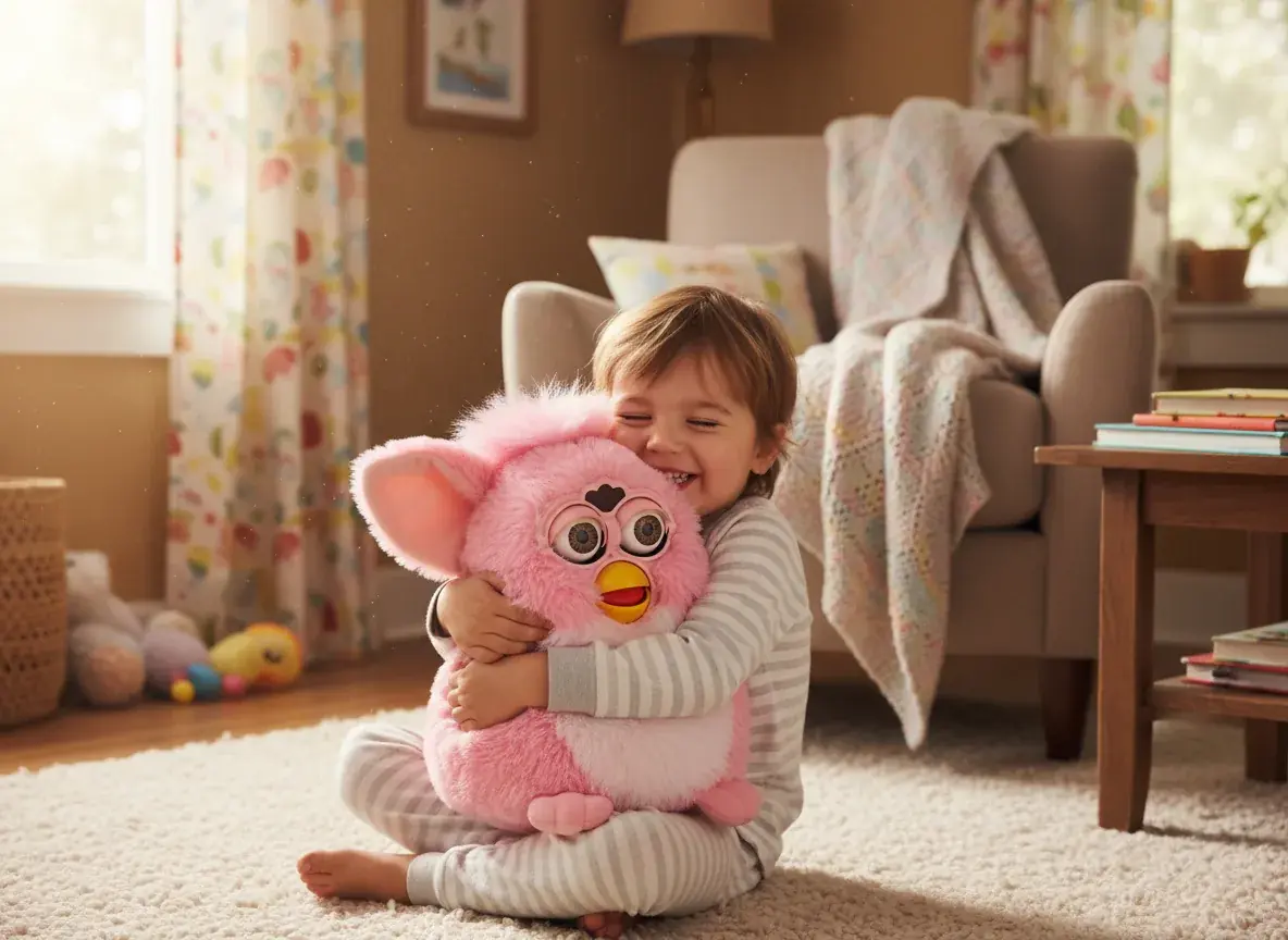 Child hugging soft Furby buddy plush toy