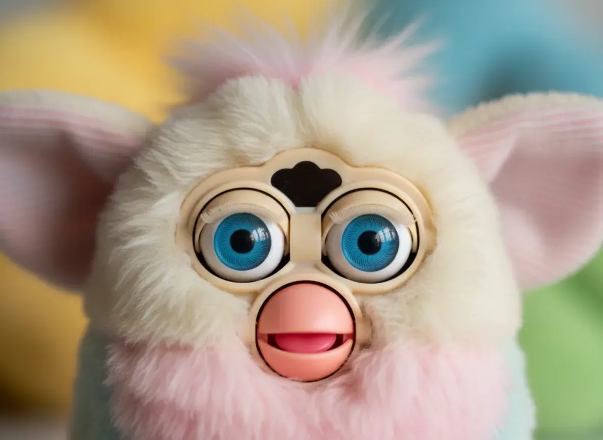 Close-up of Furby baby showing expressive eyes and small features