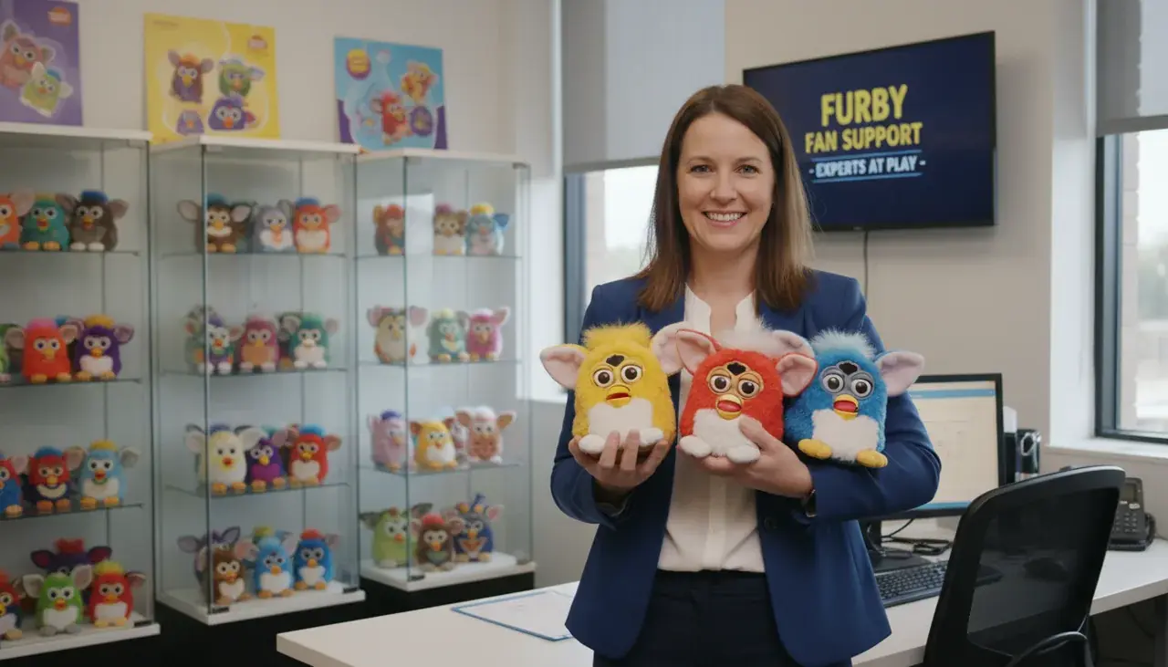 Friendly customer service representative holding various Furby models