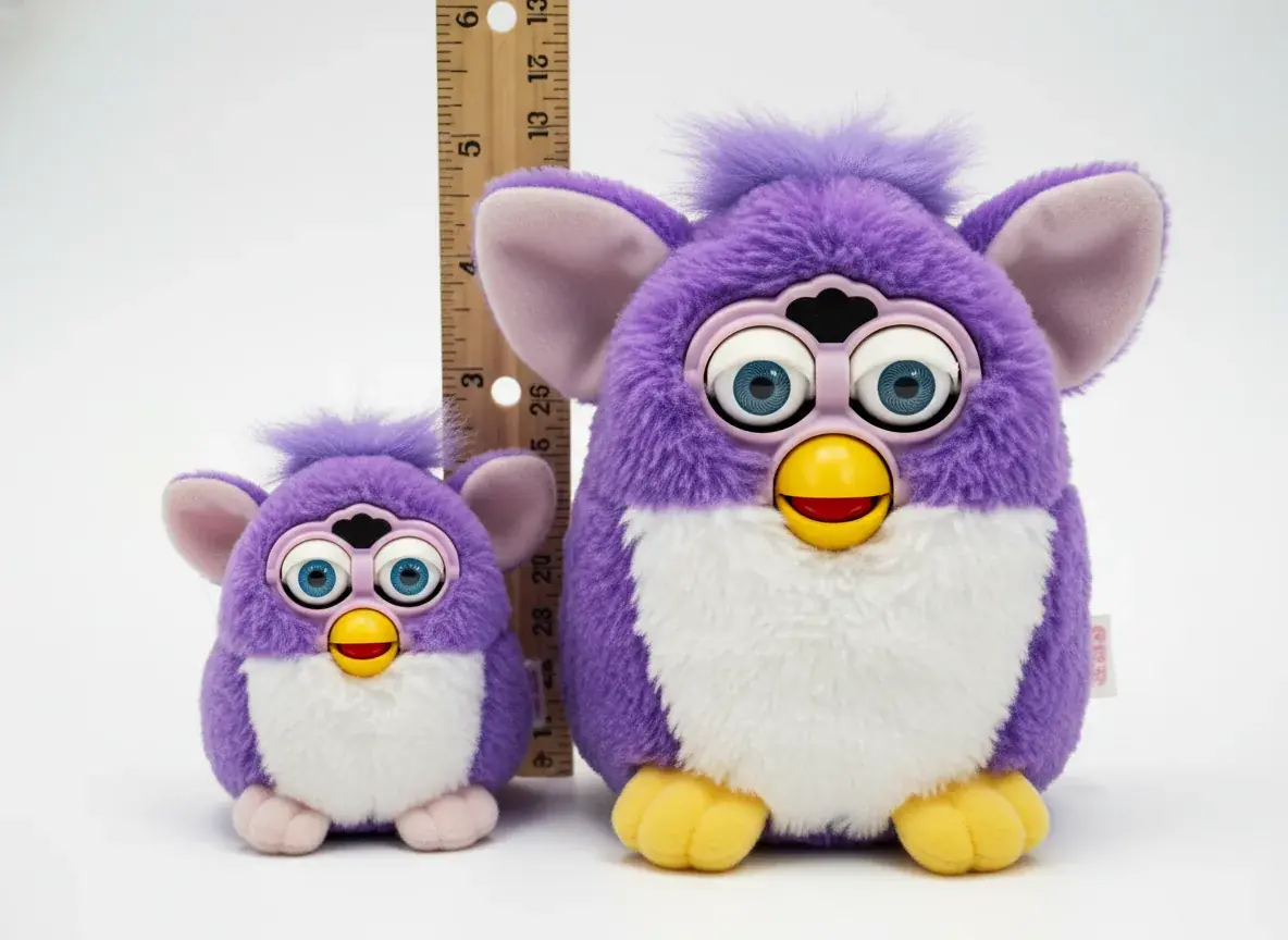 Side-by-side size comparison of Furby baby and adult model