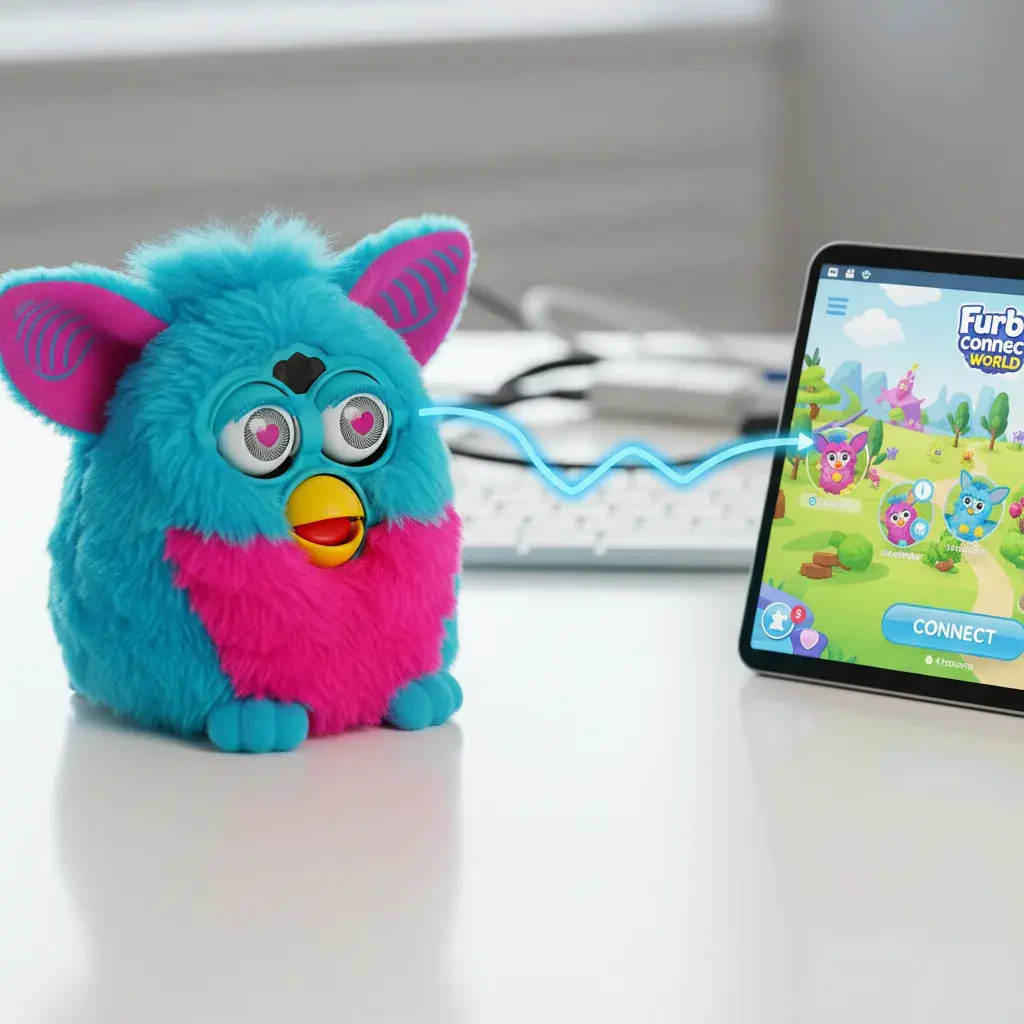 Blue and pink Furby connect showing app features