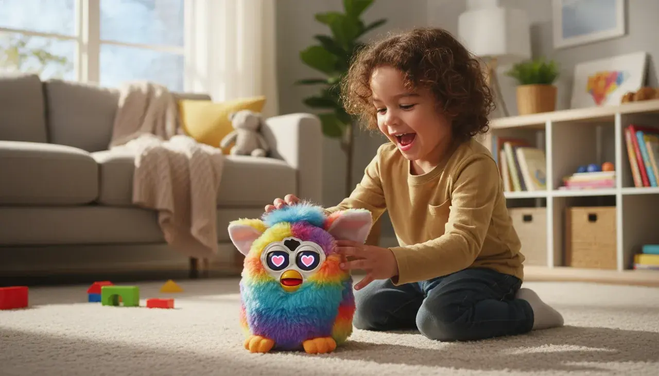 Furby toy responding to child's interaction with animated expressions