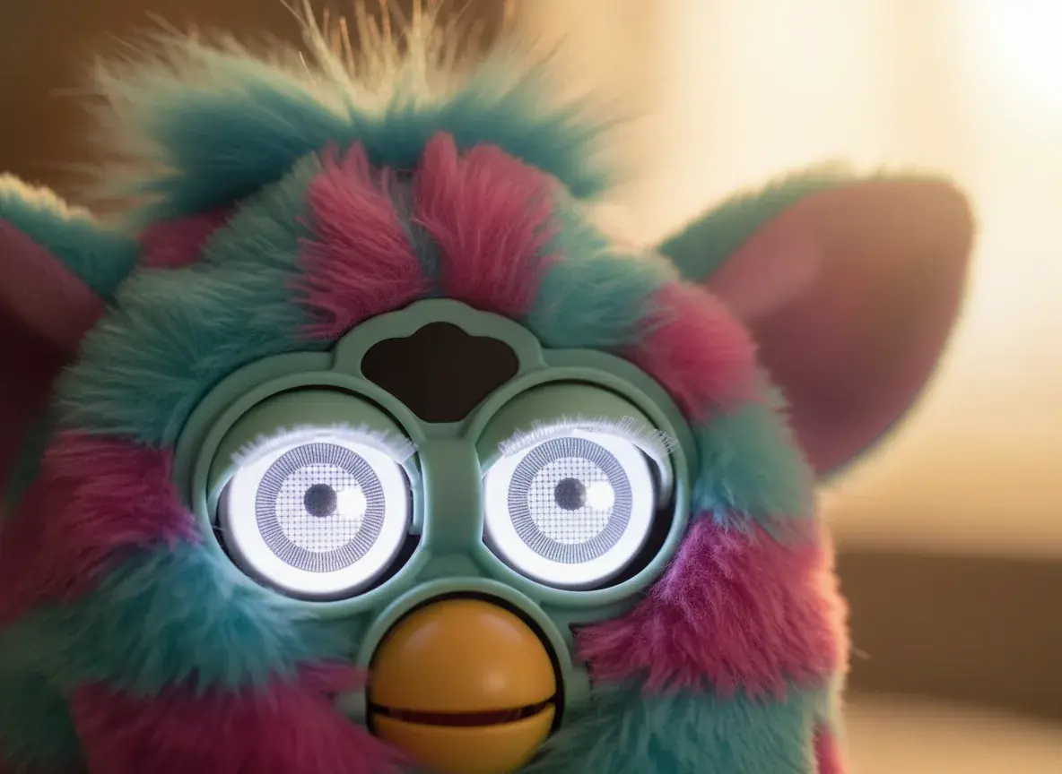 Close-up of Furby's expressive LCD eyes showing different emotions