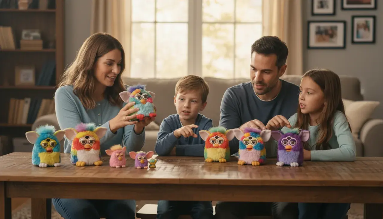 Family looking at different Furby generations together