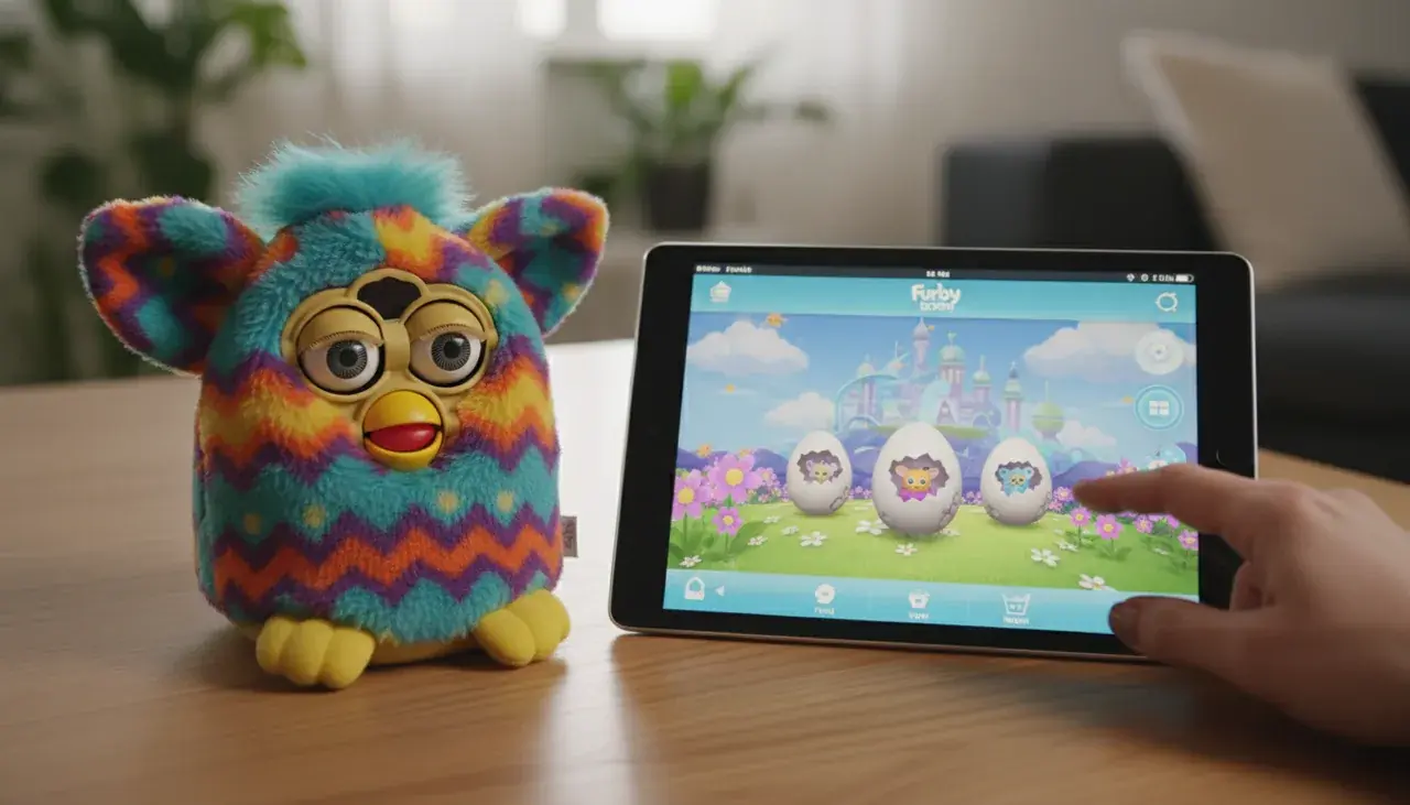 Furby boom with tablet showing connected app interface