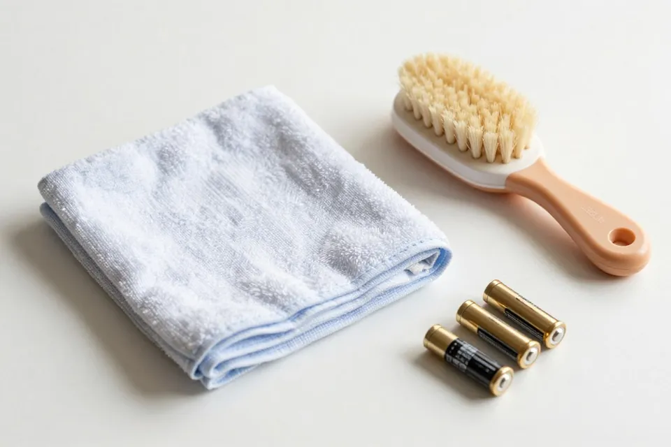 Folded soft cloth, wooden brush and batteries arranged on a pale surface