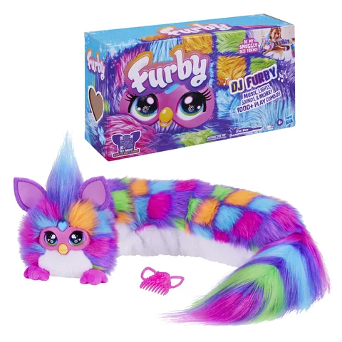 DJ Furby Neon Star with a long multicoloured plush body, comb and product box