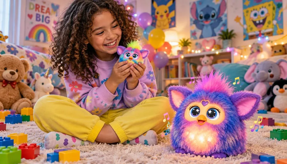 Illustration of a child holding a tiny colourful toy beside a larger Furby-inspired companion