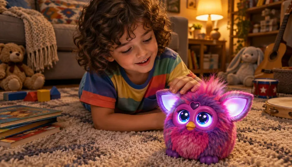 Illustration of a child reaching toward a purple, brightly coloured Furby-inspired toy