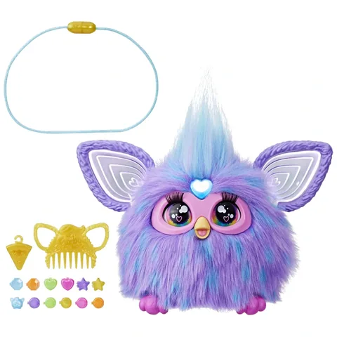Purple full-size Furby with blue hair tuft, necklace and colourful styling accessories