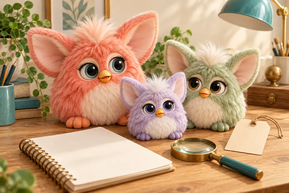 Furbies Price Guide — the collector’s desk Coral, lavender and sage Furby-inspired toys beside a blank price tag, notebook and magnifying glass