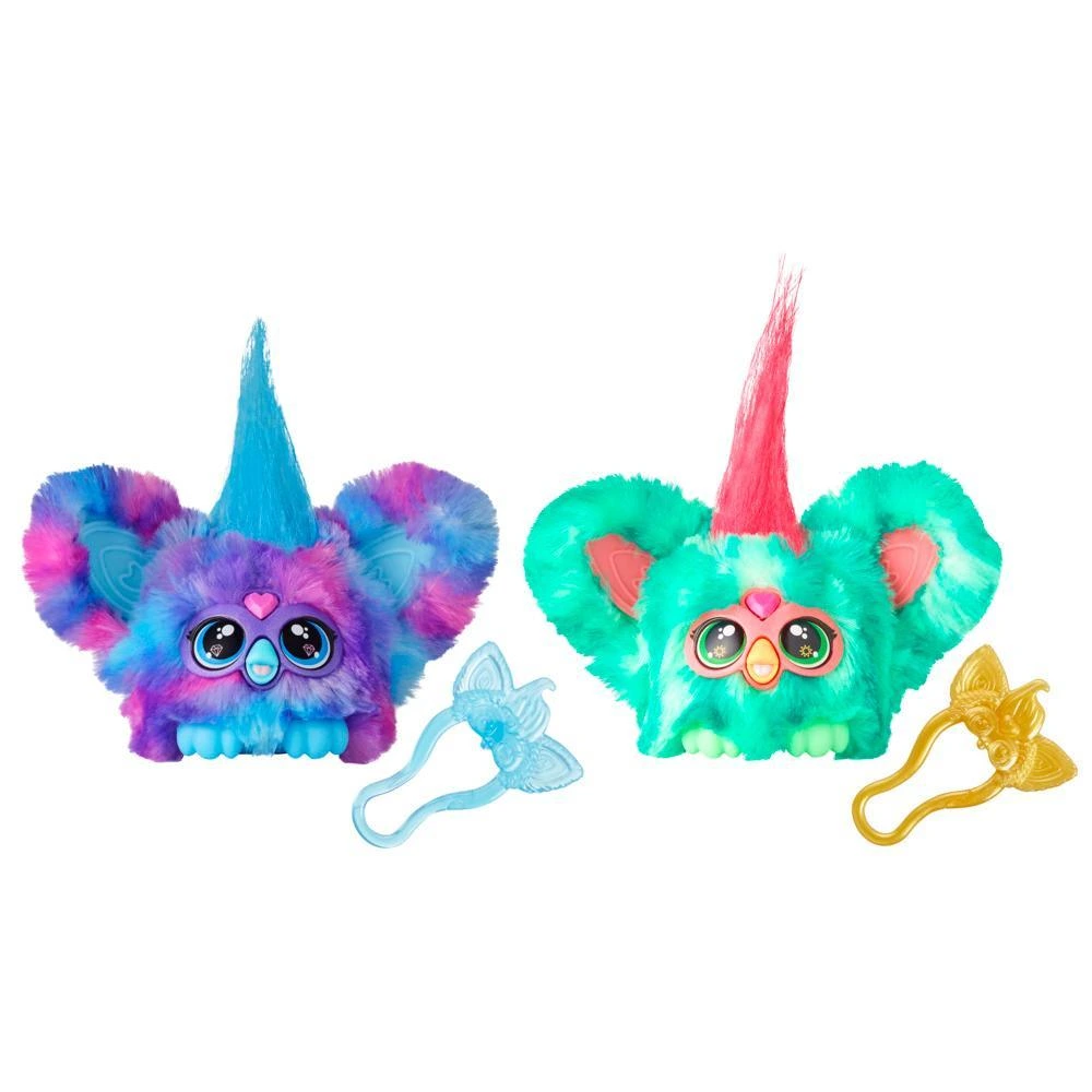 Purple and blue Luv-Lee beside green and red Mello-Nee Furblets