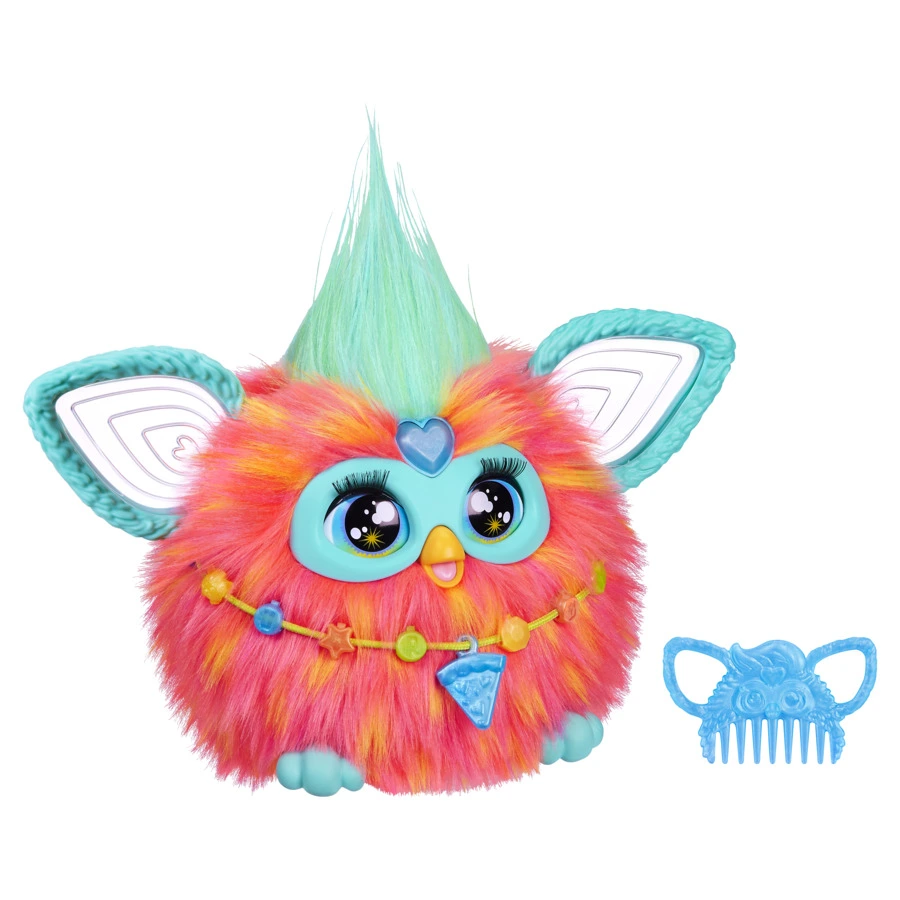 Hasbro’s 2023 Coral Furby with teal details, beads and comb
