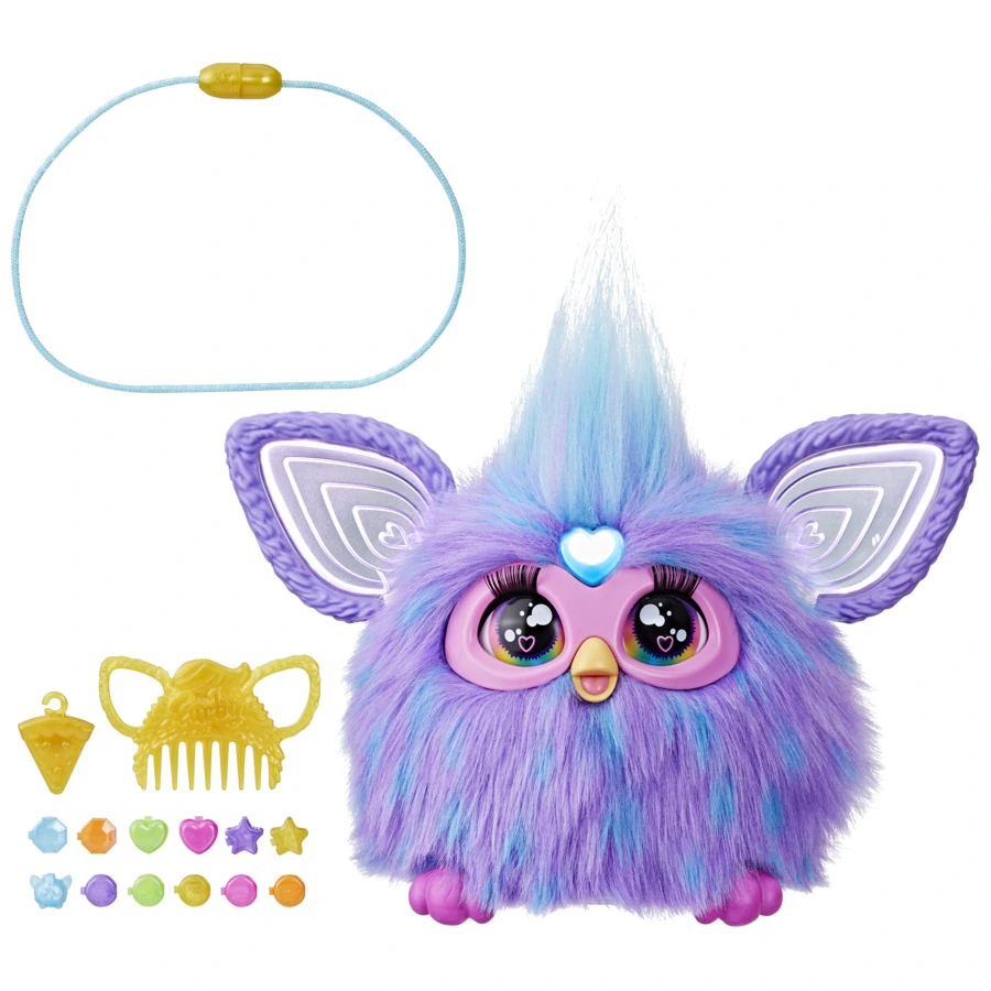 Hasbro’s 2023 Purple Furby with its comb, beads and accessories