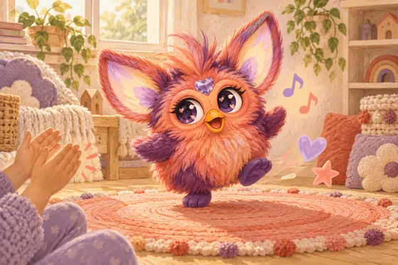 Illustration of a coral and plum Furby-inspired toy dancing on a peach rug beside clapping hands.