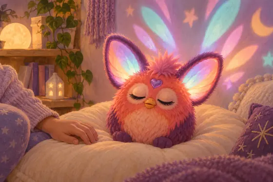 Illustration of a coral and plum Furby-inspired toy resting upright on a cream cushion beside a relaxed hand.