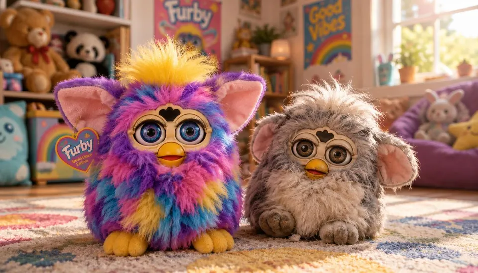 Two Furby-inspired plush companions, one multicoloured and one grey, illustrated on a rug.