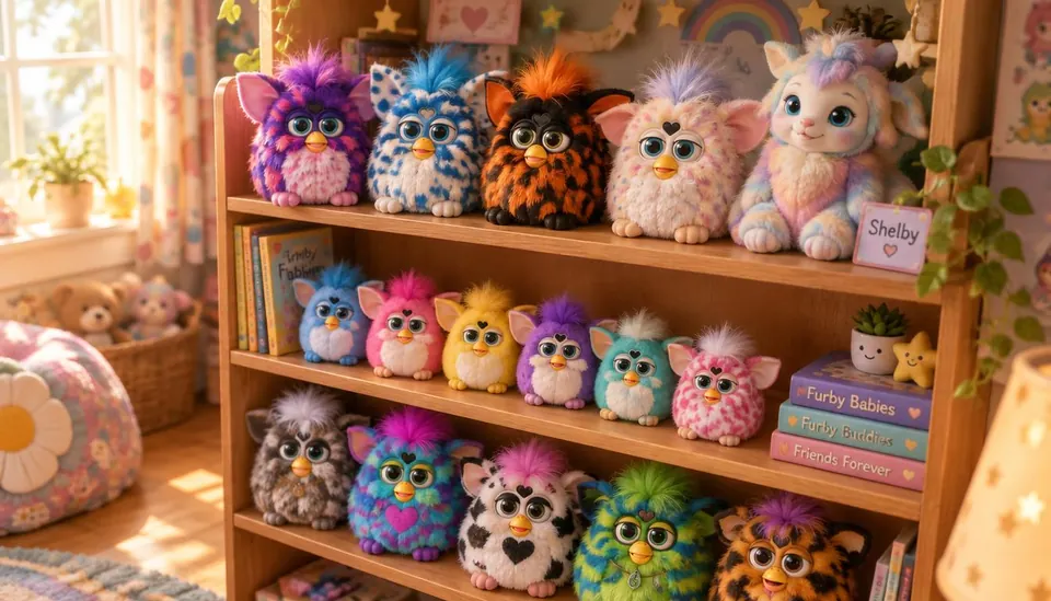 Illustration of colourful Furby-inspired companions arranged across a wooden toy shelf.