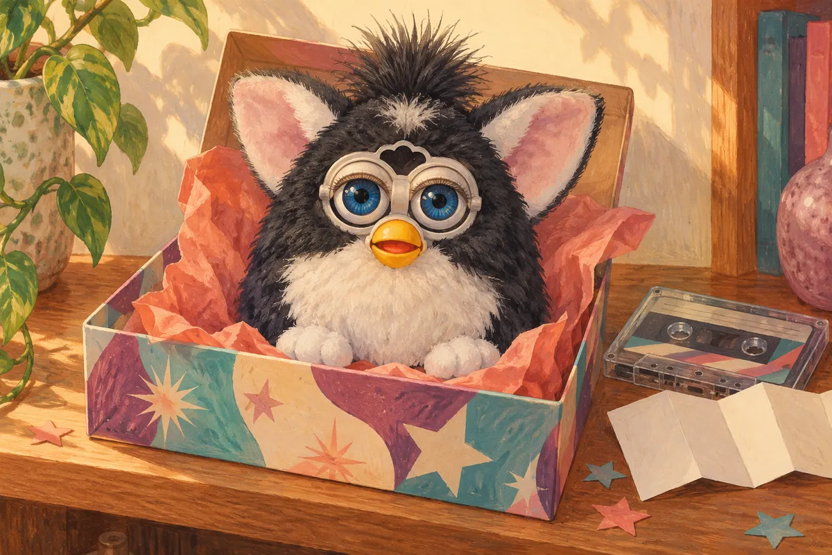 Illustration of a black-and-white Furby-style toy in a keepsake box beside a cassette and instruction leaflet.
