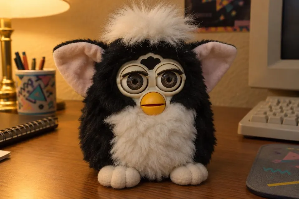 Black-and-white Furby-inspired toy illustrated on a wooden desk beside a vintage computer.