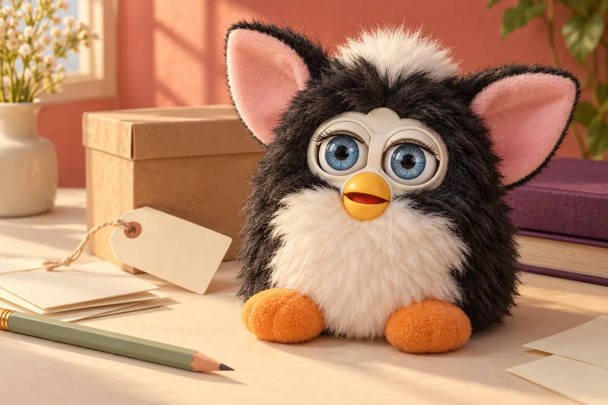 Furby Original Price: What Did It Cost in 1998? — The Original Price Tag Black-and-white Furby-style toy beside a blank price tag and cardboard box