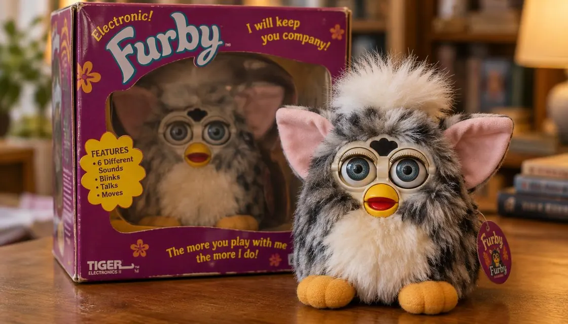 Furby Original Price: What Did It Cost in 1998? — Checking the Toy and Its Box Grey-and-white Furby-style toy beside a purple display box