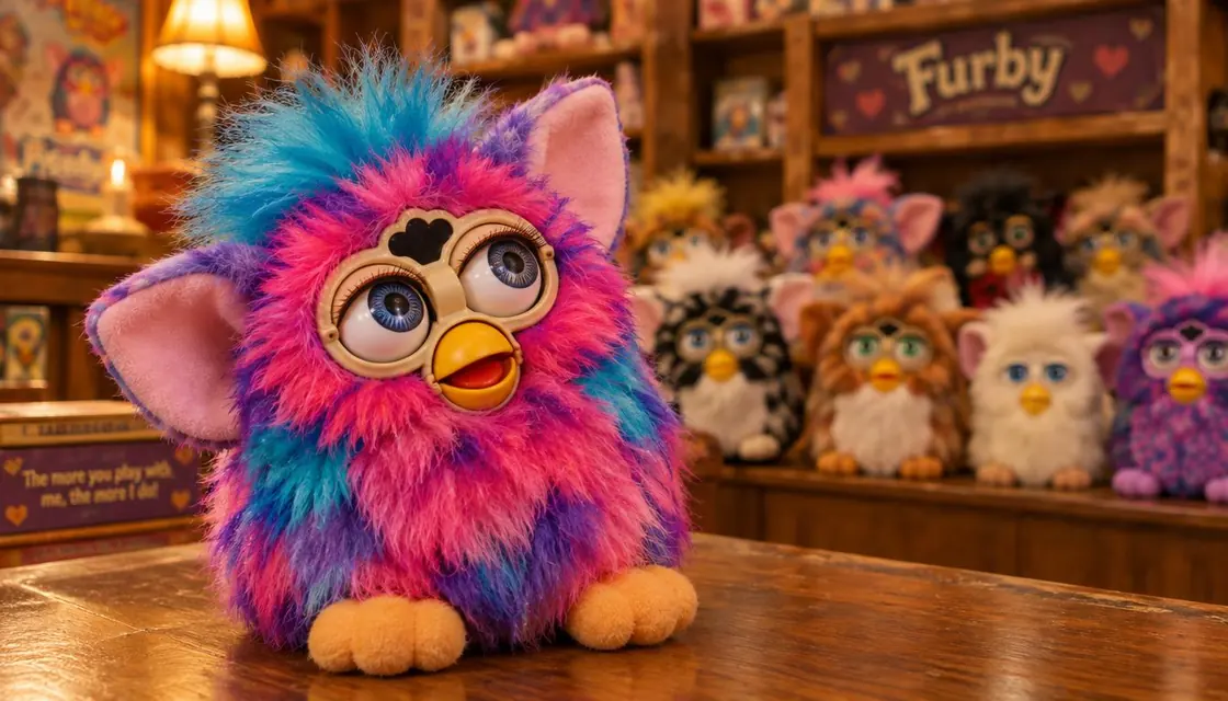 Furby Original Price: What Did It Cost in 1998? — Identifying a Collector’s Toy Pink, purple and blue Furby-style toy on a wooden counter