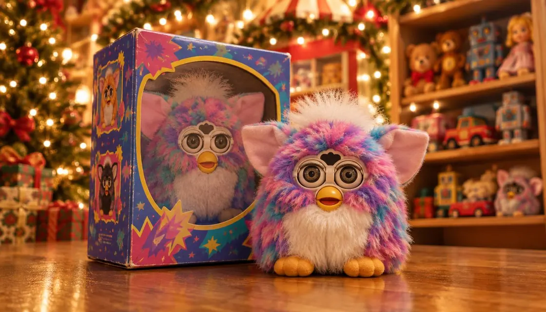 Furby Original Price: What Did It Cost in 1998? — The Christmas Shopping Story Pastel Furby-style toy beside a purple box in a festive toy shop