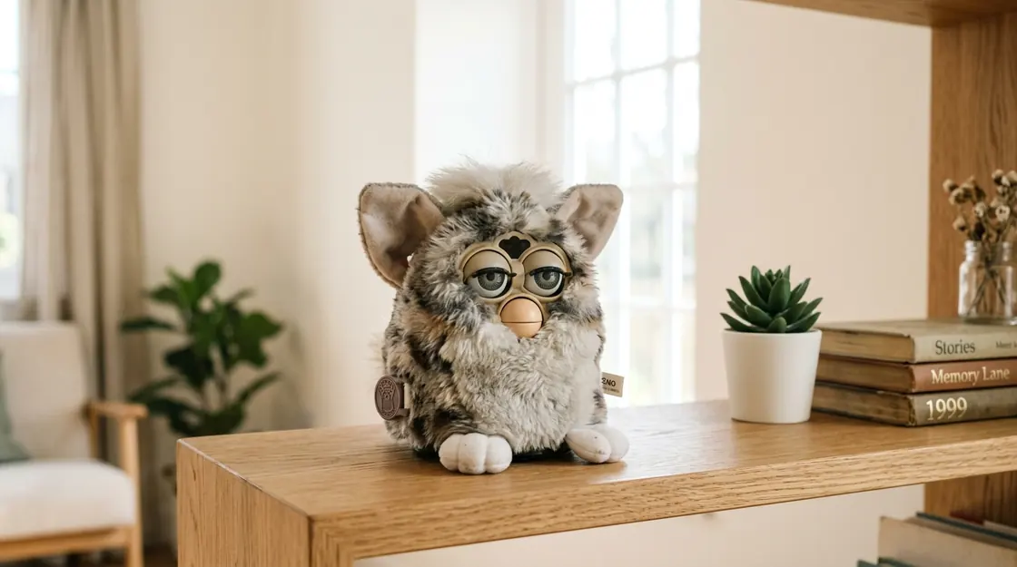 Furby Original Price: What Did It Cost in 1998? — A Familiar Face on the Shelf Grey Furby-style toy on a wooden shelf beside books and plants