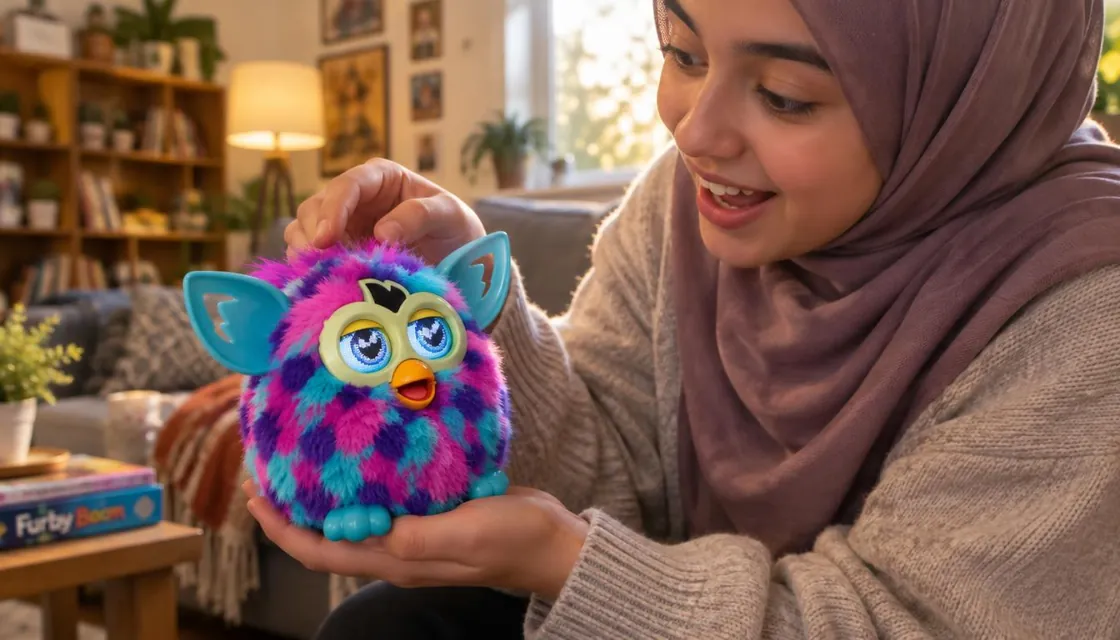 Furby Personality Changer — Gentle Petting Play Idea Illustration of a person supporting a patterned Furby-style toy while gently petting its head.