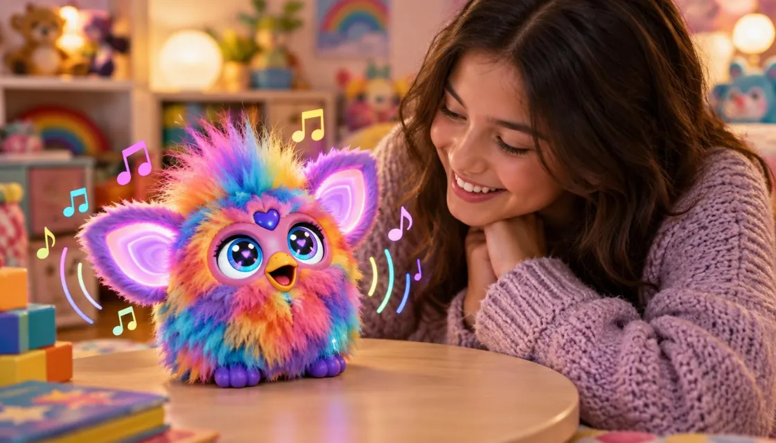 Furby Personality Changer — Music Play Idea Illustration of a child listening to music with a colourful Furby-style toy.
