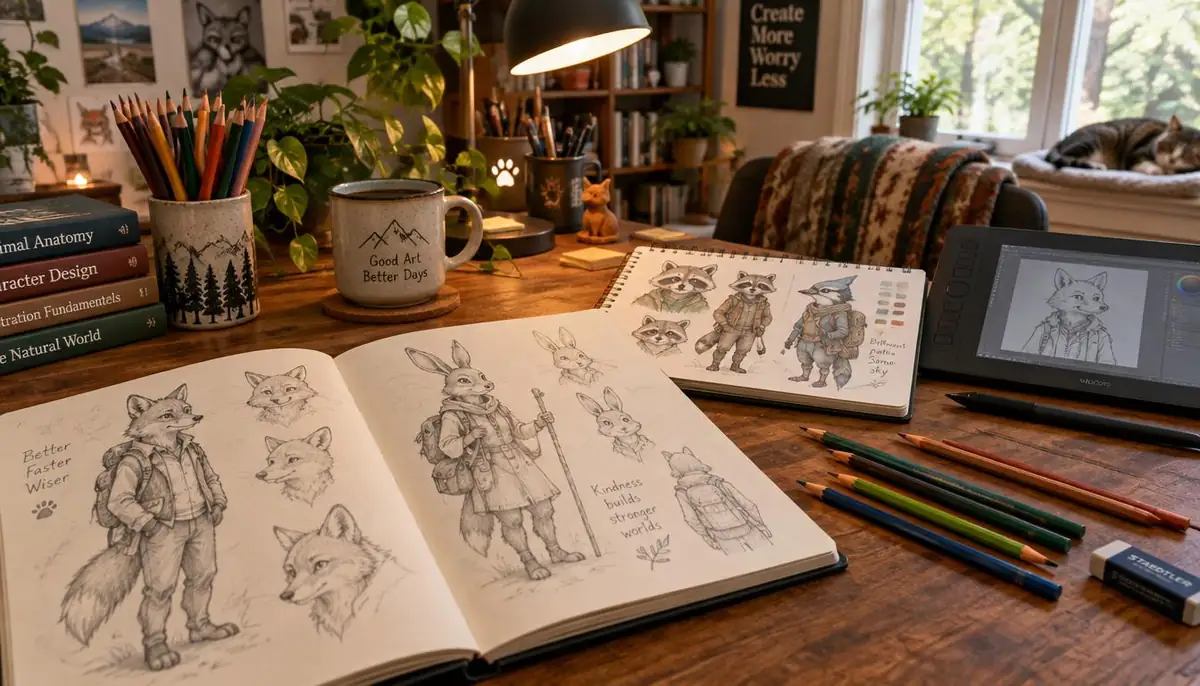 Open sketchbook of animal characters beside coloured pencils and a drawing tablet