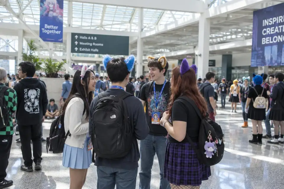 People talking in a bright convention hall, some wearing animal ears and character accessories