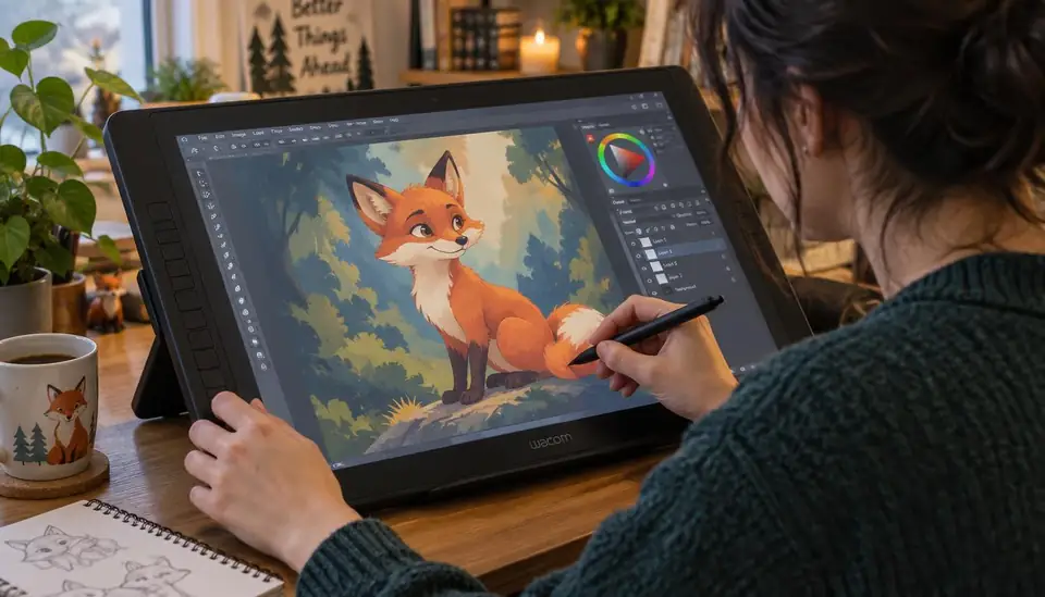 Artist drawing an orange fox character on a pen display
