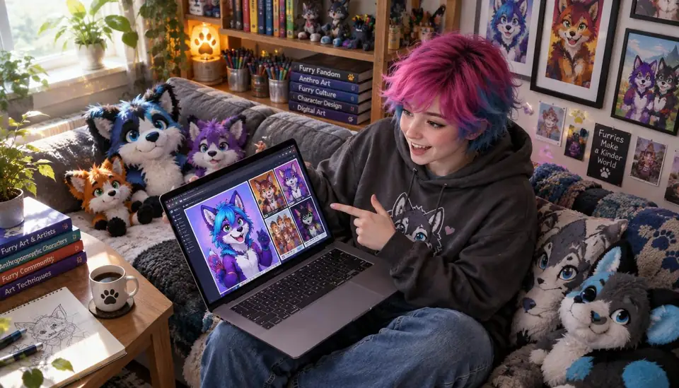 Person showing colourful character artwork on a laptop in a room with art supplies