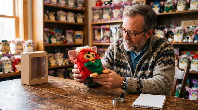 How Much Is an Original Furby Worth? — Buyer’s Condition Check Illustration of a collector looking closely at a Furby-inspired toy in a toy shop
