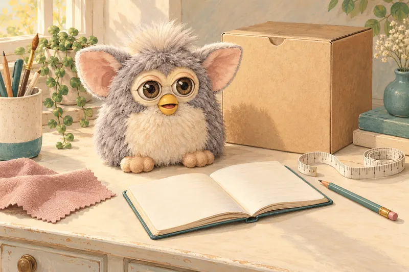 How Much Is an Original Furby Worth? — Collector’s Desk Illustration Illustration of a grey and cream Furby-inspired toy beside a notebook, box and measuring tape