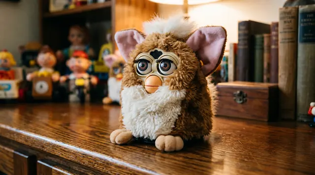 How Much Is an Original Furby Worth? — Keep or Sell Illustration of a brown and cream Furby-inspired toy resting on a wooden shelf