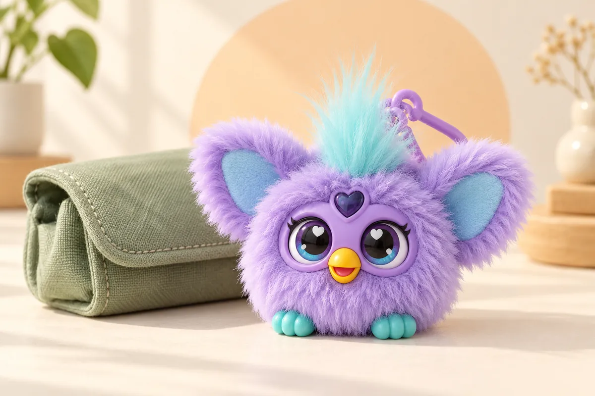 Illustrated lavender Furblet-inspired keychain toy with a blue head tuft beside a green pouch