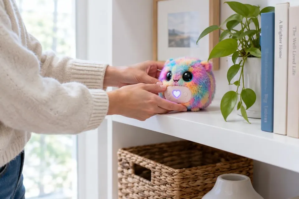 Hands placing a colourful plush toy on a white shelf with space around it