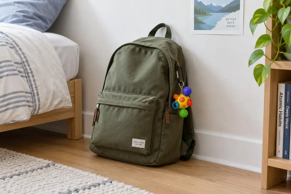 Olive-green backpack with a colourful clip-on toy hanging outside the bag