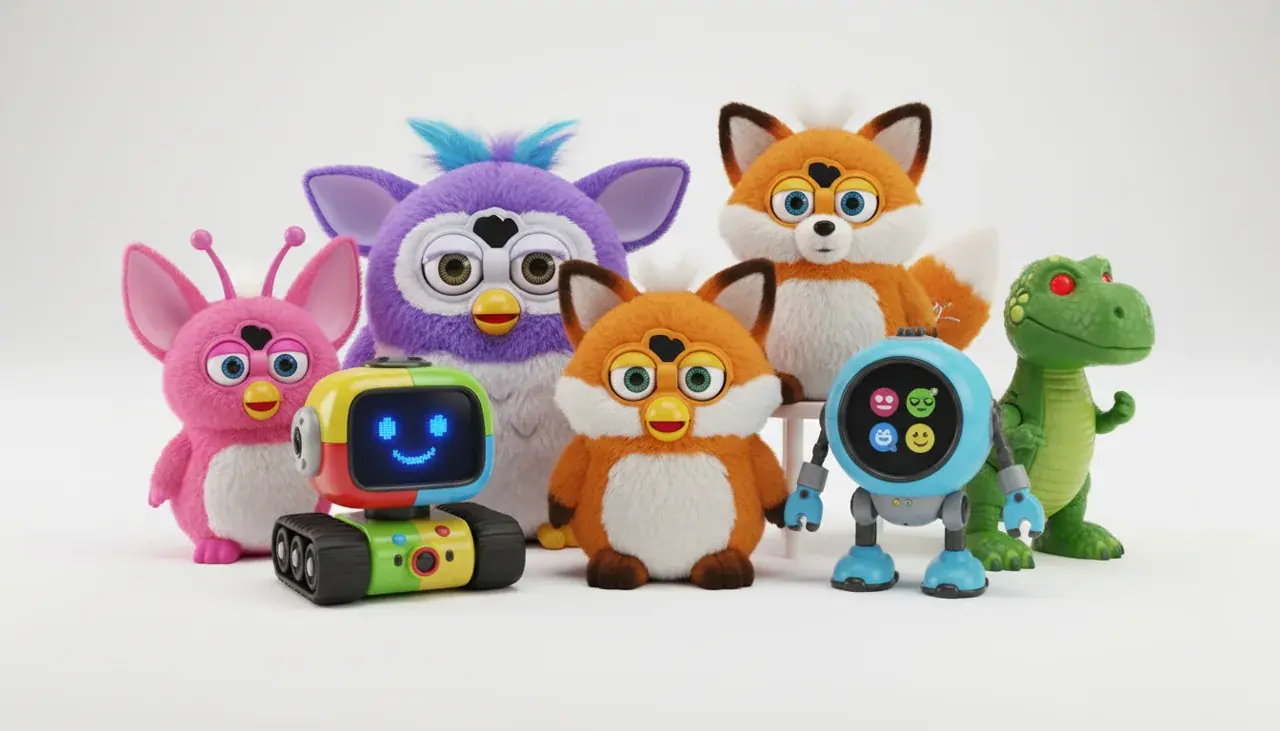 Collection of colorful interactive toys like Furby arranged together showing variety of electronic pets and talking companions