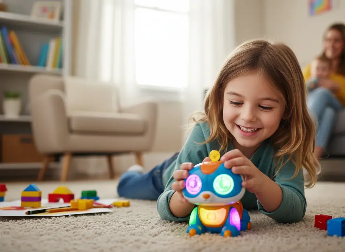 Child playing happily with interactive toy similar to Furby showing emotional connection and engagement