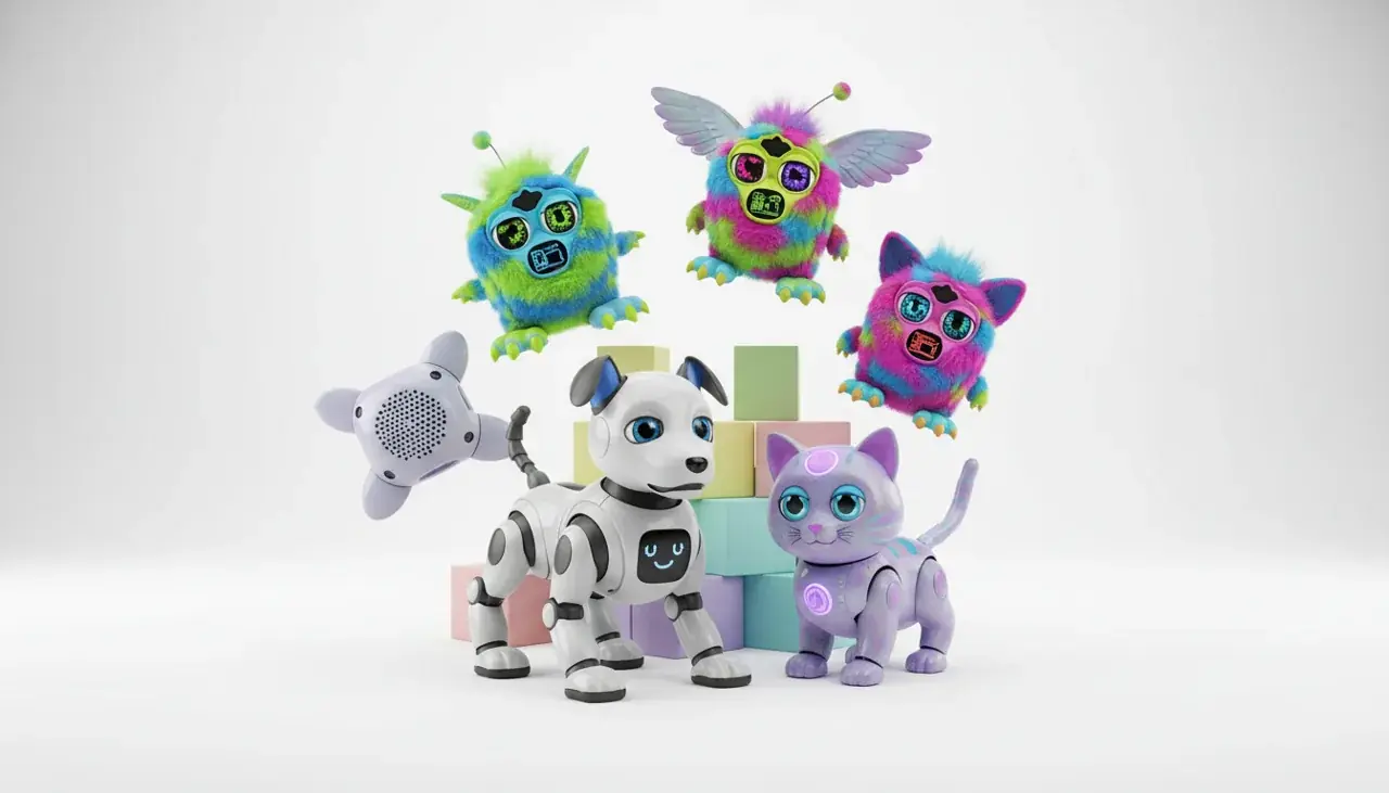 Various electronic pet toys similar to Furby including robotic animals and virtual companions