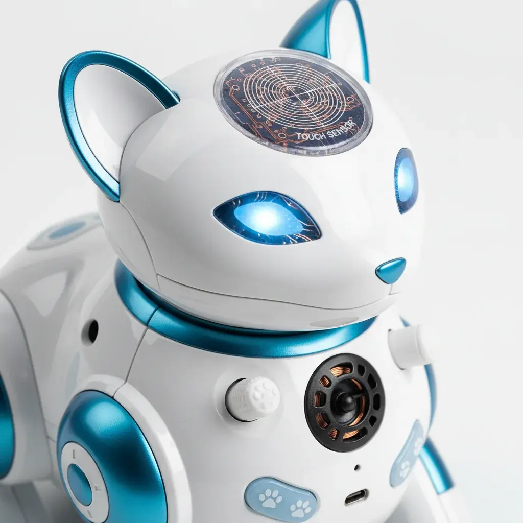 Close-up of electronic pet toy sensors and interactive features similar to Furby technology
