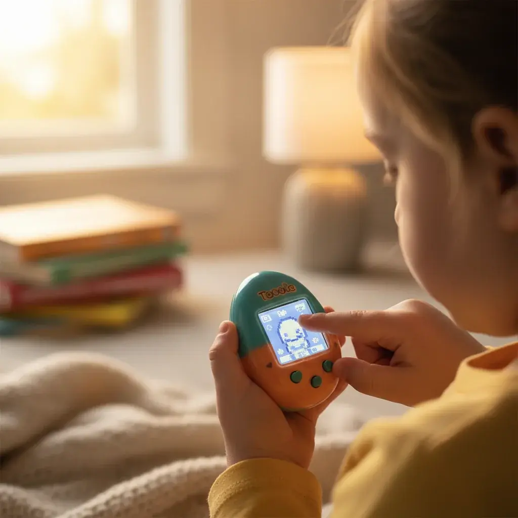 Child caring for electronic pet toy showing responsibility and nurturing play