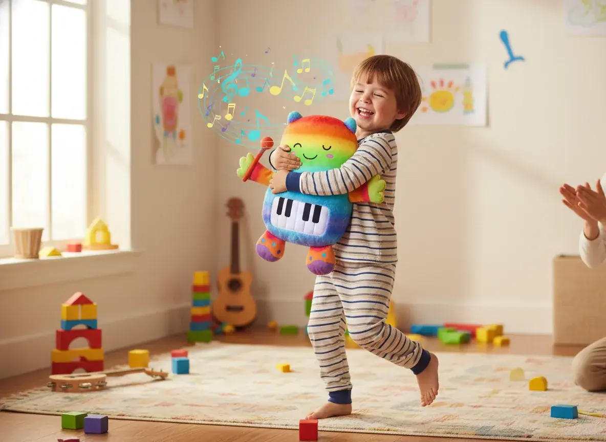 Musical interactive plush toy singing and playing with child