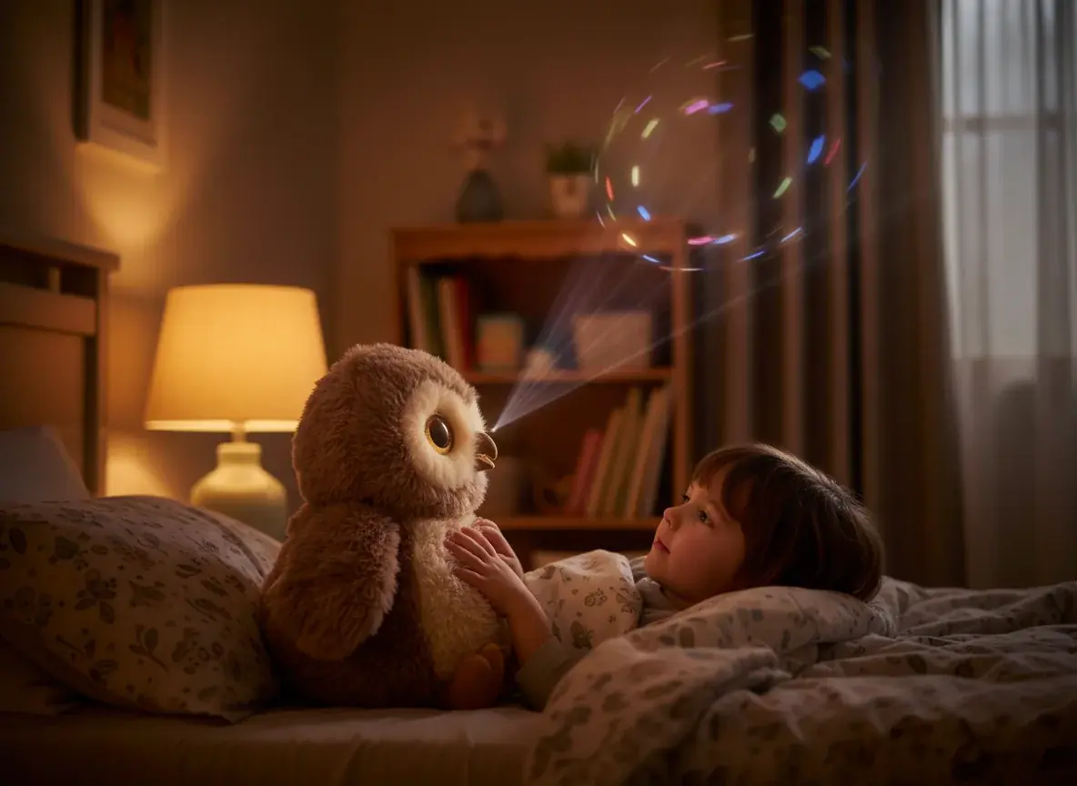 Story-telling plush toy engaging with child during bedtime story interactive play